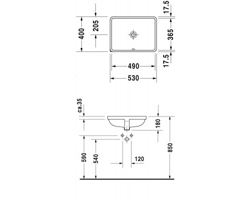 DURAVIT 0338490000 D-Code Раковина 495x290, встраиваемая снизу, с переливом, с креплением для деревянных столешниц