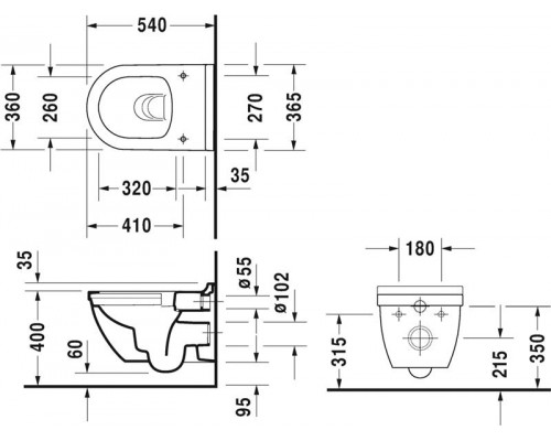 Подвесной унитаз Duravit Rimless Starck 3 	45270900A1 STARСК 3 комбипак (2527090000 Унитаз 360х540, подвесной, Rimless® + 0063890000 Сиденье с крышкой, SoftClose)