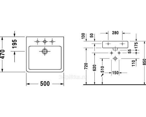DURAVIT 0454500000 VERO рако. для мебели 50 см с отвер. д/крана, без крепления