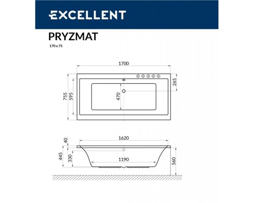 Акриловая ванна Excellent Pryzmat 170x75 Slim (тонкий борт)