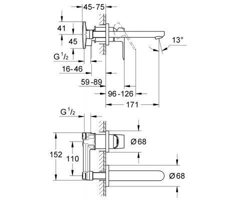 Смеситель для раковины GROHE BauEdge скрытого монтажа на 2 отверстия, в комплекте с монтажной частью, хром (20474000)