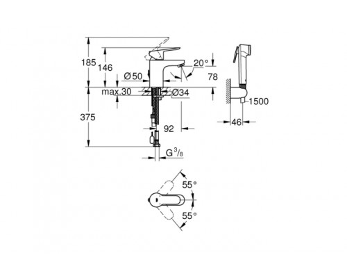 Смеситель с гигиеническим душем для биде на раковину Grohe BauEdge 23757000