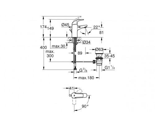 Смеситель для раковины GROHE Start Curve с энергосберегающим картриджем, донный клапан, хром (23765000)
