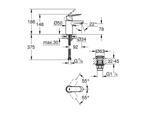 Смеситель для раковины GROHE Eurosmart Cosmopolitan однорычажный, DN 15 S-Size (23925000)