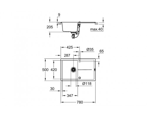 Мойка кухонная каменная GROHE K400, 780 x 500 мм, черный гранит (31639AP0)