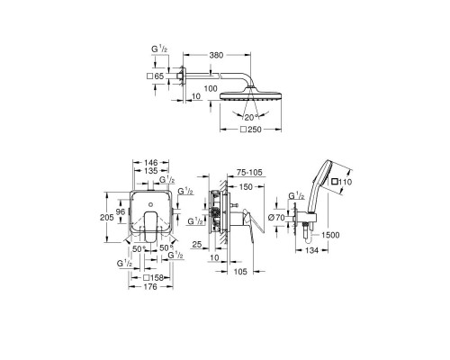 Скрытая душевая система GROHE Cubeo с Tempesta 250