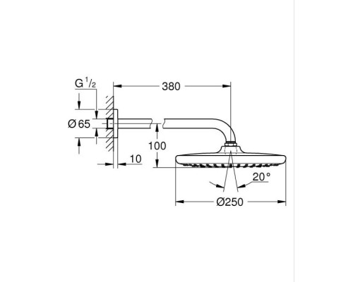 Верхний душ GROHE Tempesta 250 с душевым кронштейном 380 мм, 1 режим струи, хром (26668000)
