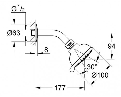 Верхний душ GROHE New Tempesta Rustic 100 IV с душевым кронштейном, хром (26089001)