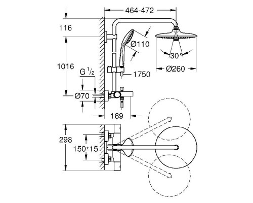 Душевая система с термостатом для ванны, GROHE Euphoria System 260, хром, (26114001)