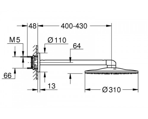Верхний душ GROHE Rainshower 310 SmartActive с душевым кронштейном 430 мм, 2 режима струи, белая луна (26475LS0)