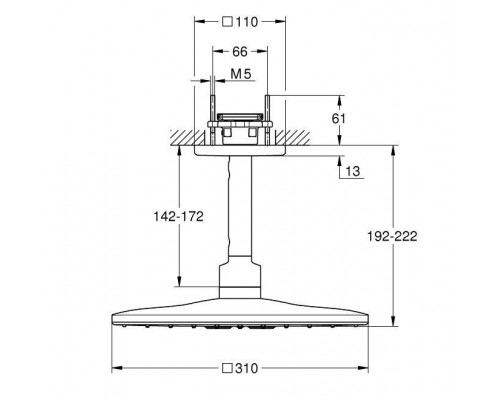 Верхний душ GROHE Rainshower 310 SmartActive Cube с душевым кронштейном 142 мм, 2 режима струи, белая луна (26481LS0)