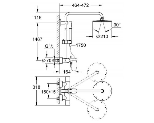 Душевая система GROHE Rainshower 210 для ванны с термостатическим смесителем для ванны, хром (27641000)