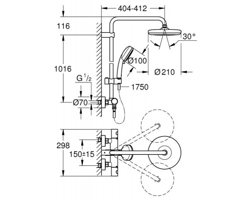 Душевая система с термостатом для настенного монтажа, GROHE Tempesta Cosmopolitan System 210, хром, (27922001)
