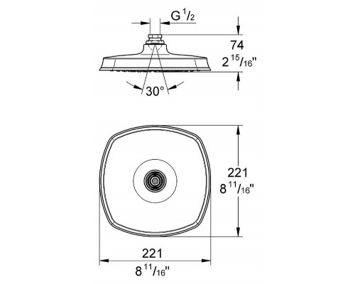 Верхний душ GROHE Rainshower Grandera, 1 режим, 220х200 мм, хром/золото (27974IG0)