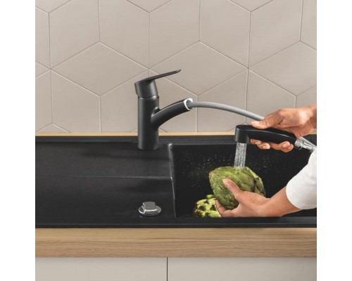 Смеситель для кухонной мойки GROHE Start c низким поворотным, выдвижным изливом, матовый черный (303072431)