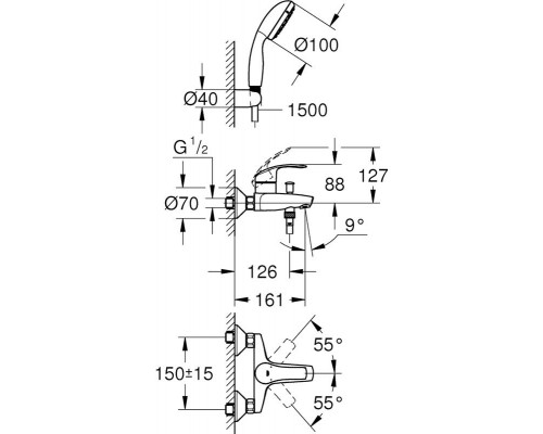 Смеситель для ванны Grohe Eurosmart 25276003 с душевым гарнитуром (лейка, держатель, шланг)