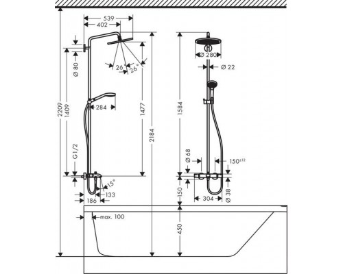 Душевая система hansgrohe Croma Select S 280 1jet с термостатом для ванны 26792000, хром