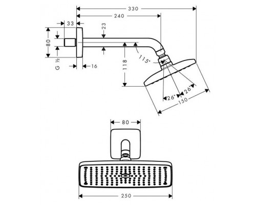 Верхний душ hansgrohe Raindance E 250 1jet с настенным кронштейном 27370000, хром