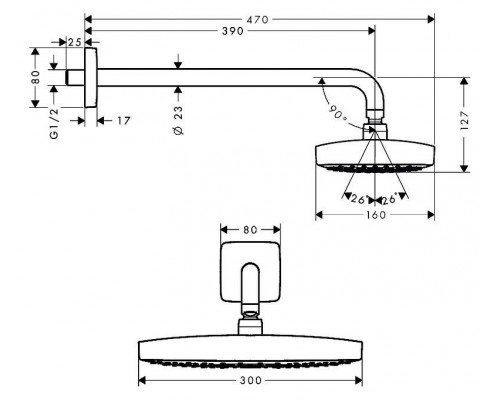 Верхний душ hansgrohe Raindance Select E 300 2jet с настенным кронштейном 27385000, хром