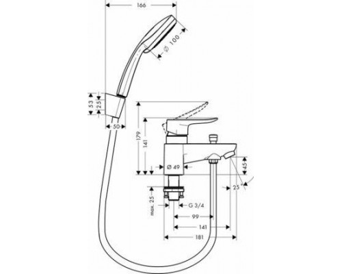 Смеситель для ванны hansgrohe Metris с душевым гарнитуром, 31422000, хром