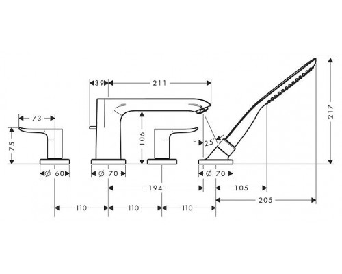Смеситель Hansgrohe Metris 31442000 на борт ванны