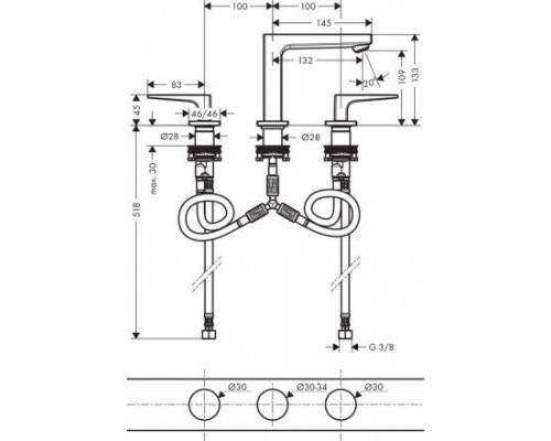 Смеситель для раковины Hansgrohe Metropol 110, 3 отверстия, Push-Open, 32514000
