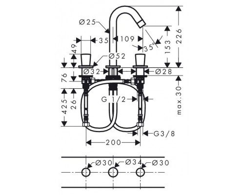 Смеситель Hansgrohe Logis, 3 отверстия, со сливным гарнитуром, 71133000