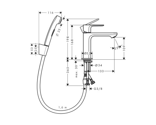 Смеситель для раковины 110 Hansgrohe Rebris S (цвет - хром), с гигиеническим душем и шлангом 160 мм 72215000