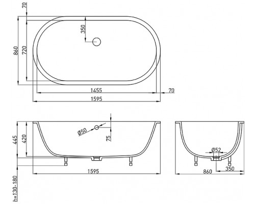 Встраиваемая ванна Holbi Lyra, из каменной массы Solid Surface 159х86