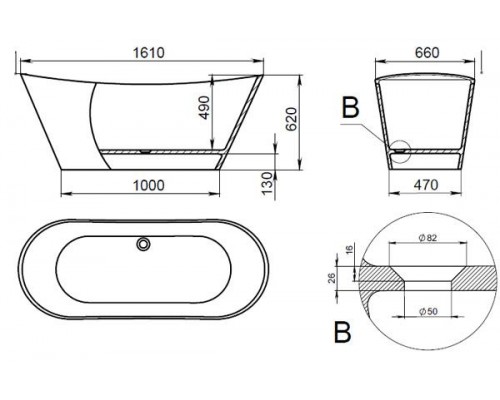Ванна каменная из каменной массы Solid Surface Holbi Afina 161x66, Матовая, Черный логотип, цвет Белый