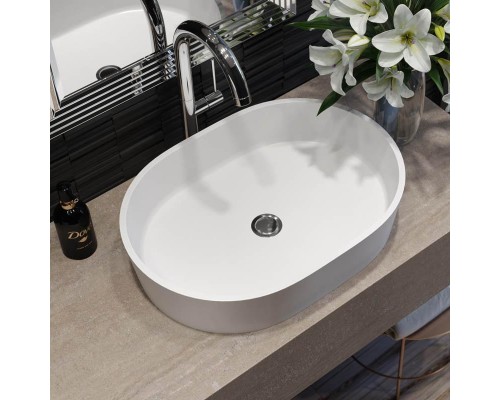 Раковина Holbi Ariel 55x40, из Solid Surface, Матовая, Черный логотип, цвет Белый с выпуском