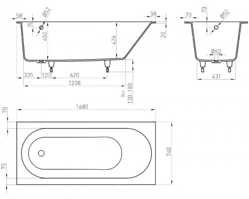 Ванна из каменной HOLBI Orion с переливом Soft Rock NG (168x74x47) 63 кг белый матовый, полированный (ножки регулировочные)