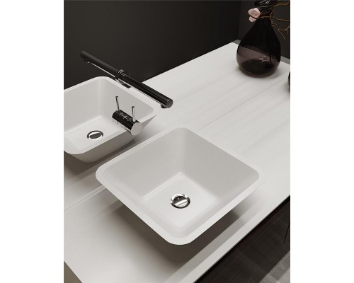 Раковина Holbi Saturn 43x43, из Solid Surface, Матовая, Черный логотип, цвет Белый