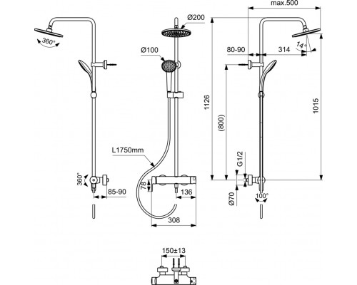 Душевая стойка Ideal Standard IdealRain Cerafine O Black BC750XG для душа