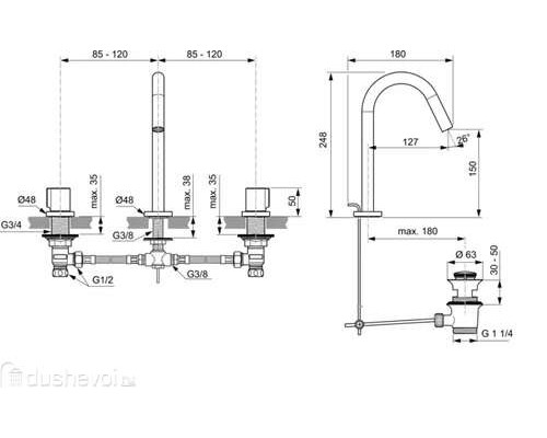 Смеситель для раковины Ideal Standard Atelier Joy на три отверстия BC783GN с донным клапаном, серебрянный шторм