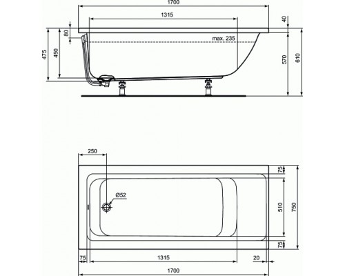 Встраиваемая акриловая прямоугольная ванна 170х75 см Ideal Standard CONNECT AIR E106401