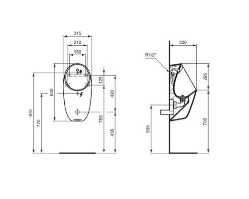Ideal Standard i.life Писсуар подвесной 64х31х30см., Rimless сенсорный, крепеж, сифон, цвет: белый глянец