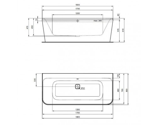 D-shape акриловая пристенная ванна 180X80 см Ideal Standard TONIC II E399601