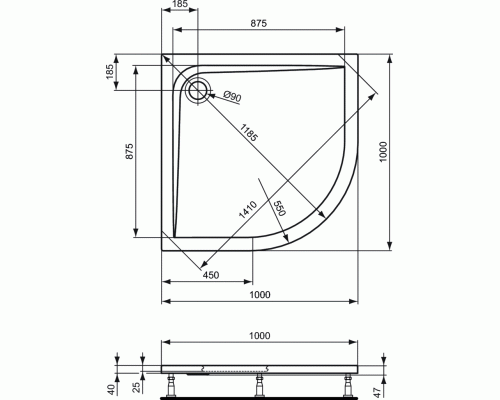 Акриловый сегментный душевой поддон 100X100 см Ideal Standard ULTRAFLAT K517701