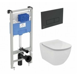Промо комплект:  инсталляция с унитазом Ideal Standard Tesi Aquablade + кнопка Oleas M2 черный матовый