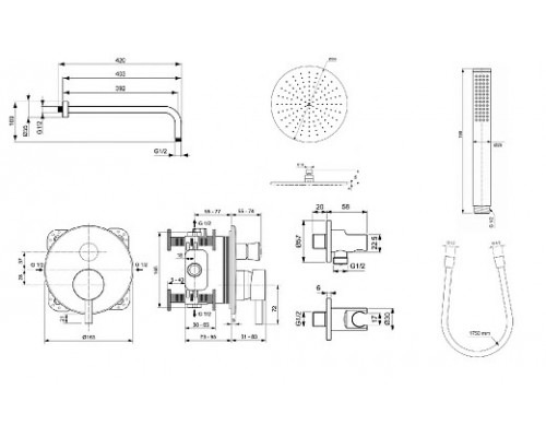 Система скрытого монтажа Ideal Standard Ceraline Black (6 in 1) SetA6939XG-2, верхний душ 300мм