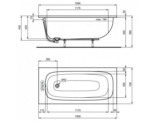 Прямоугольная акриловая ванна Ideal Standard i.life 150х70 см