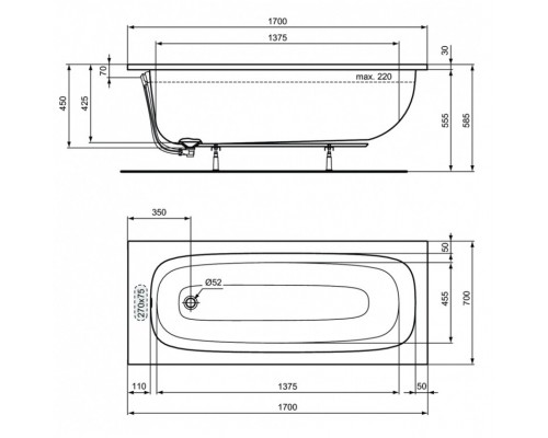 Прямоугольная акриловая ванна Ideal Standard i.life 170х70 см