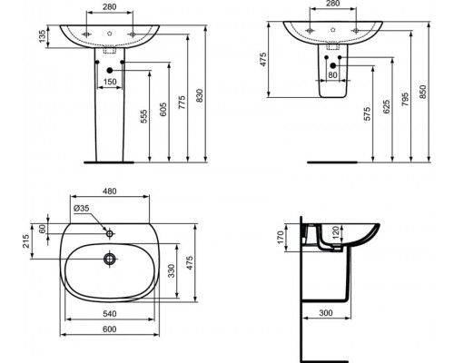 Умывальник 60 см (тонкий бортик) Ideal Standard TESI T352201