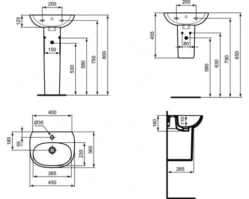 Умывальник для рук 45 см (тонкий бортик) Ideal Standard TESI T352401