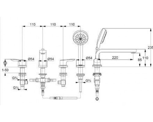 KLUDI PURE&SOLID Смеситель для ванны на 4 отверстия