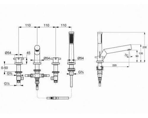Смеситель Kludi Bozz 384240520 для ванны и душа, на 4 отверстия, ручки крестообразные