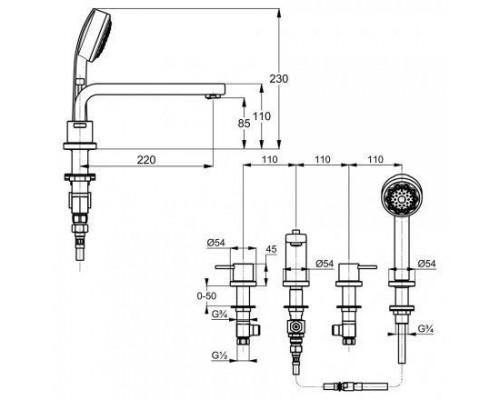 Смеситель Kludi Zenta 384240575 для ванны и душа, на 4 отверстия, литые рычаги