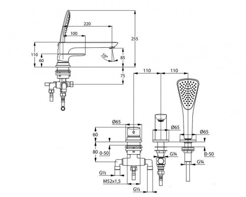 KLUDI AMEO Однорычажный смеситель для ванны и душа на 3 отверстия с изливом