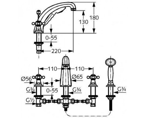 KLUDI 1926 смеситель для ванны и душа на 4 отверстия, ручки хрусталь, хром